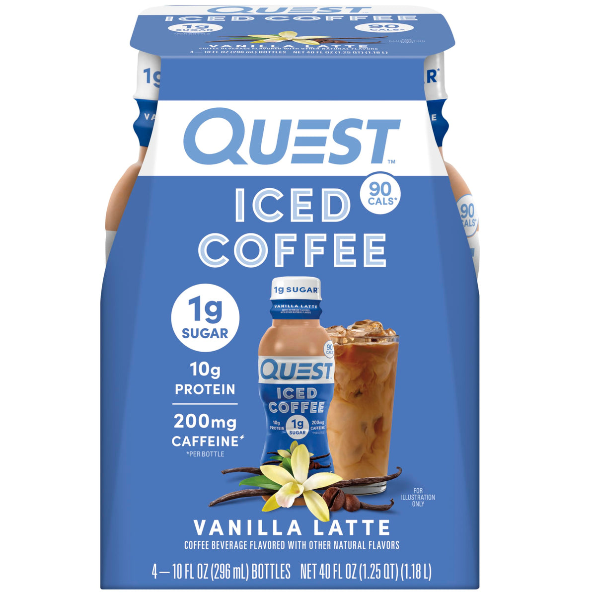 Quest Vanilla Latte iced coffee bottle with vanilla flavor and 200 mg caffeine for energy