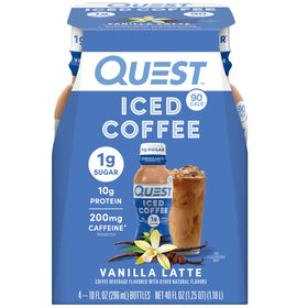 Quest Vanilla Latte iced coffee bottle with vanilla flavor and 200 mg caffeine for energy