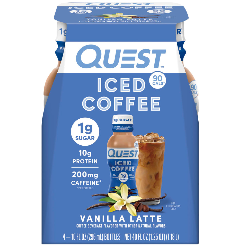 Quest Vanilla Latte iced coffee bottle with vanilla flavor and 200 mg caffeine for energy