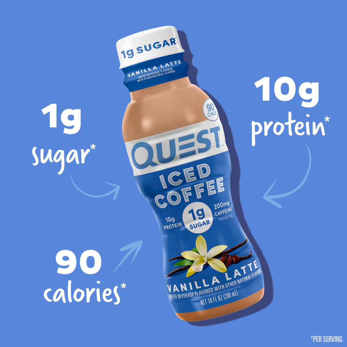 Quest Vanilla Latte iced coffee on the go is ready in a compact bottle