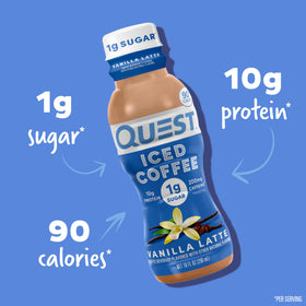 Quest Vanilla Latte iced coffee on the go is ready in a compact bottle