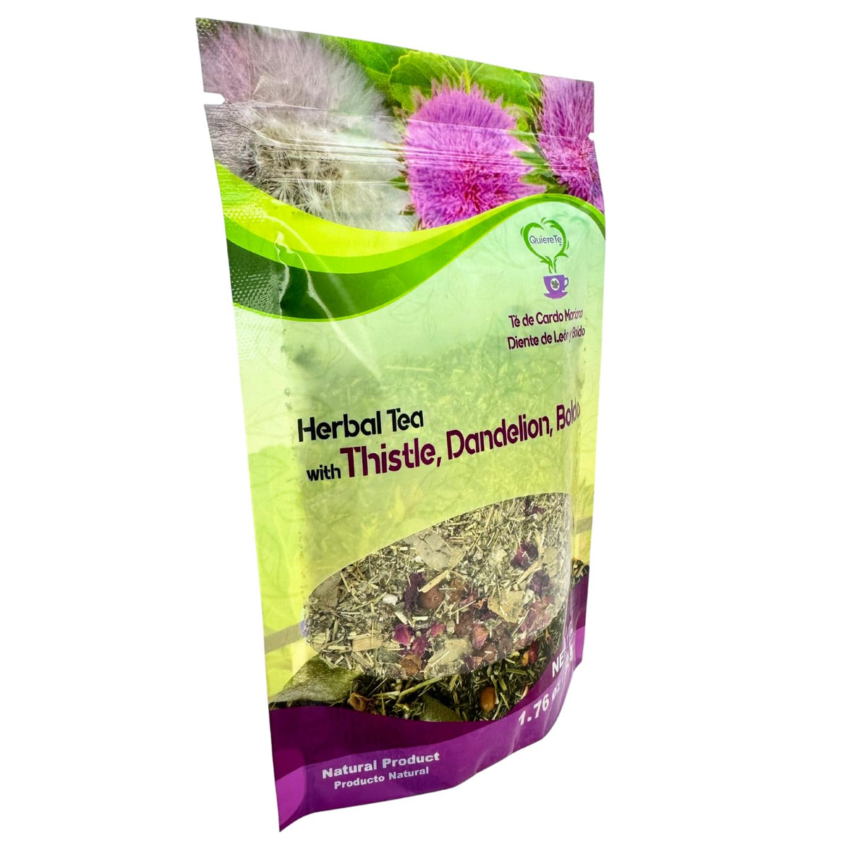 Quiere Te dandelion root tea bag showcases natural herbal blend.