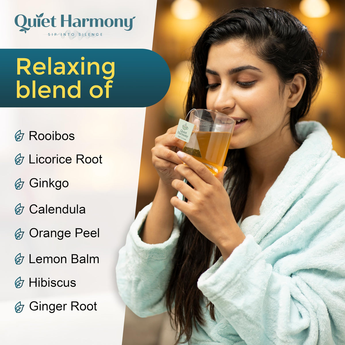 Quiet Harmony Tinnitus Tea brew cup with calming citrus-herbal aroma.