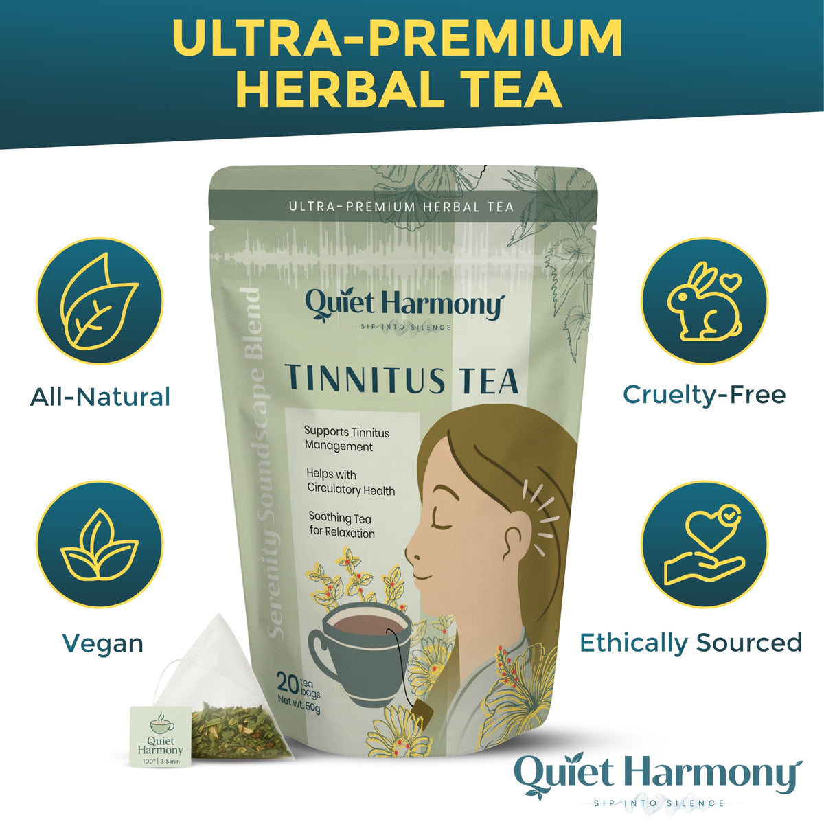 Quiet Harmony Tinnitus Tea steam rising over a peaceful morning routine.