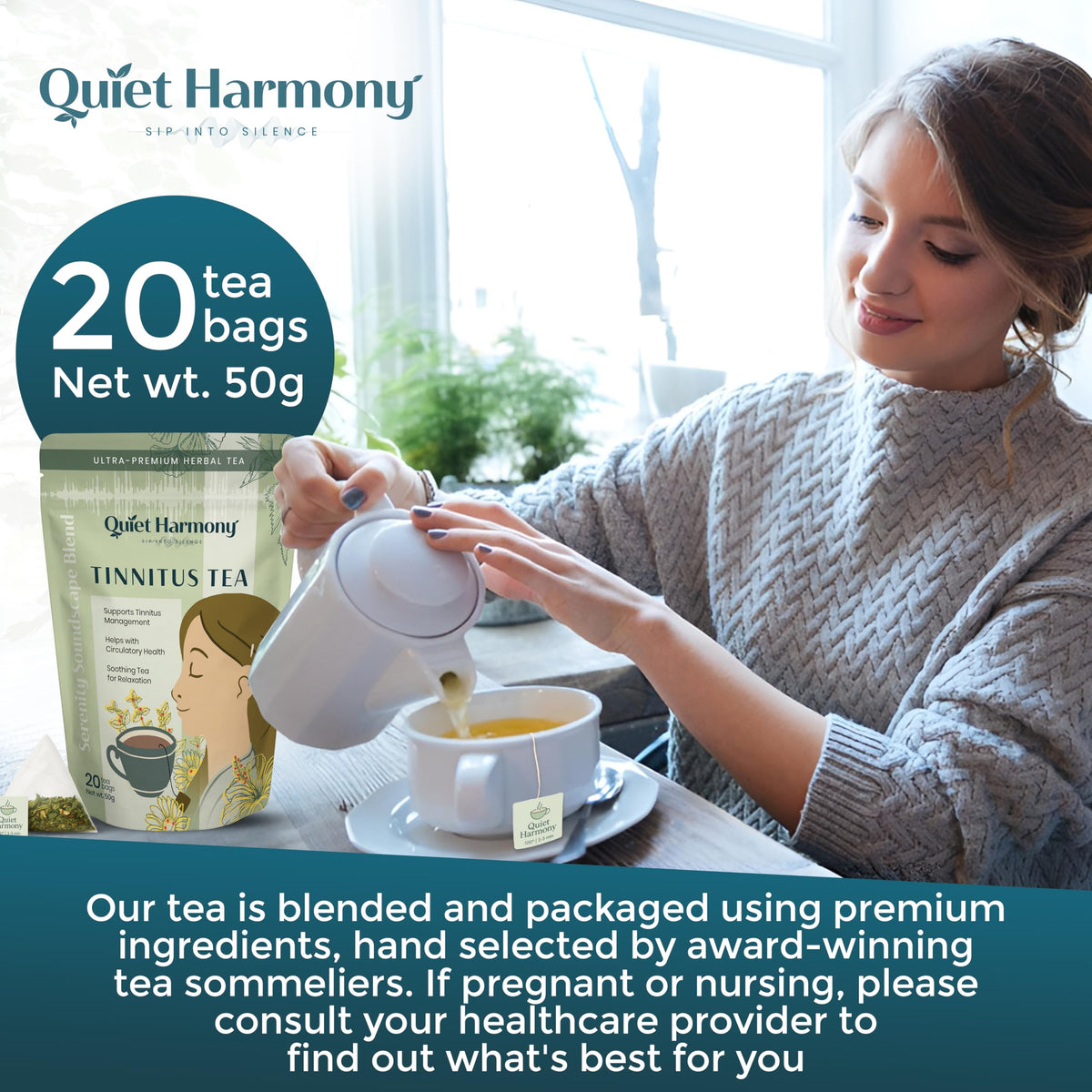 Quiet Harmony Tinnitus Tea cup and sip highlighting a soothing daily ritual.