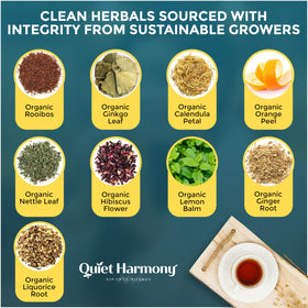 Quiet Harmony Tinnitus Tea dry herbs closeup featuring ginkgo and lemon balm.