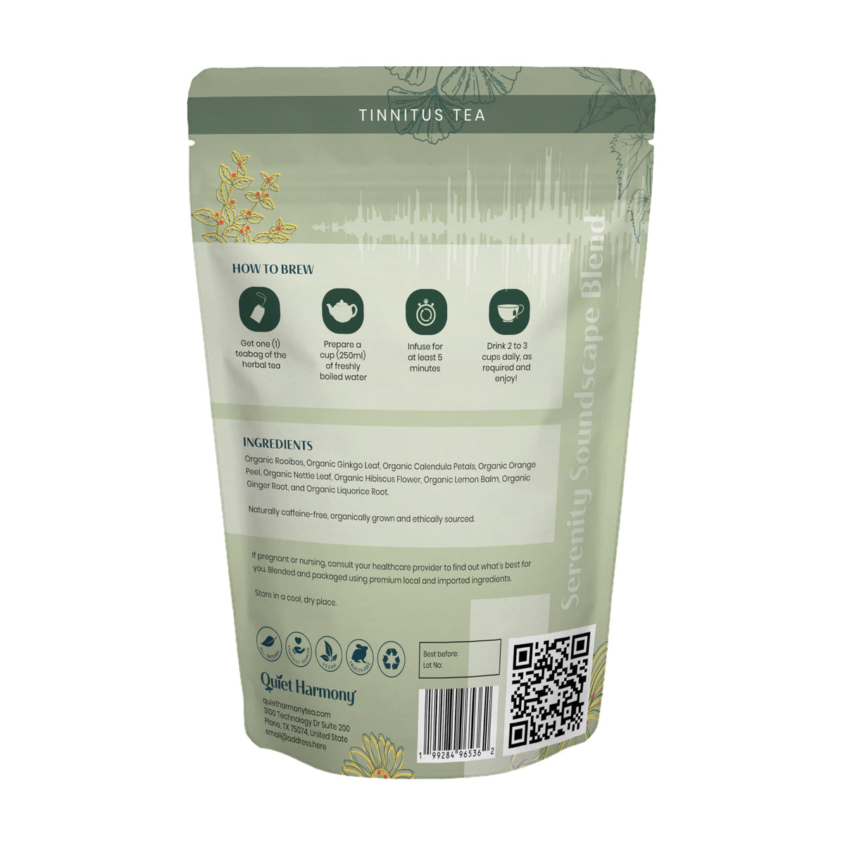 Quiet Harmony Tinnitus Tea ingredients illustration listing ginkgo, rooibos, lemon balm.