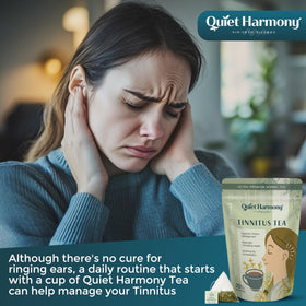 Quiet Harmony Tinnitus Tea label detail emphasizing ethically sourced ingredients.