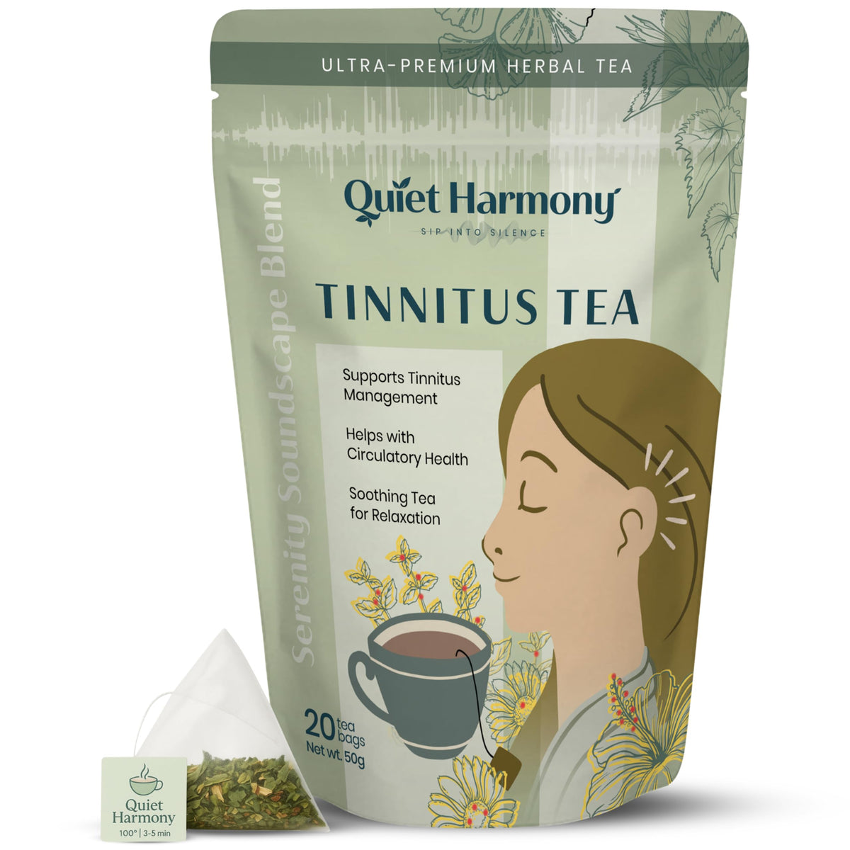 Quiet Harmony Tinnitus Tea packaging with pyramid bags for daily herbal support.