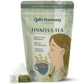 Quiet Harmony Tinnitus Tea packaging with pyramid bags for daily herbal support.
