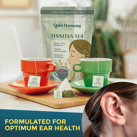 Quiet Harmony Tinnitus Tea pyramid bags ready for a caffeine-free brew.