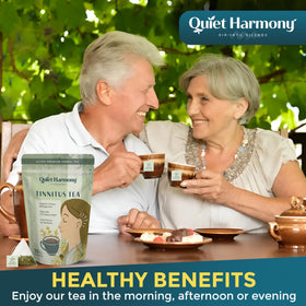 Quiet Harmony Tinnitus Tea steeping action showing vibrant color and inviting scent.