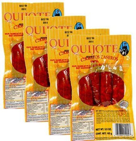 Quijote Chorizos four-pack box front, convenient family-size bundle for quick weeknight meals.