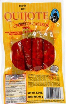 Quijote Chorizos uncooked chorizos display, ready to slice for tapas or hearty skillet dishes.