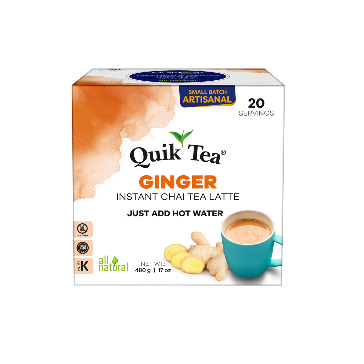 Quik Tea Ginger Chai Latte box on shelf; convenient 20-count packaging for quick rituals.
