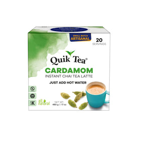 QuikTea Cardamom chai latte packaging showing the 20-count box for quick mornings.