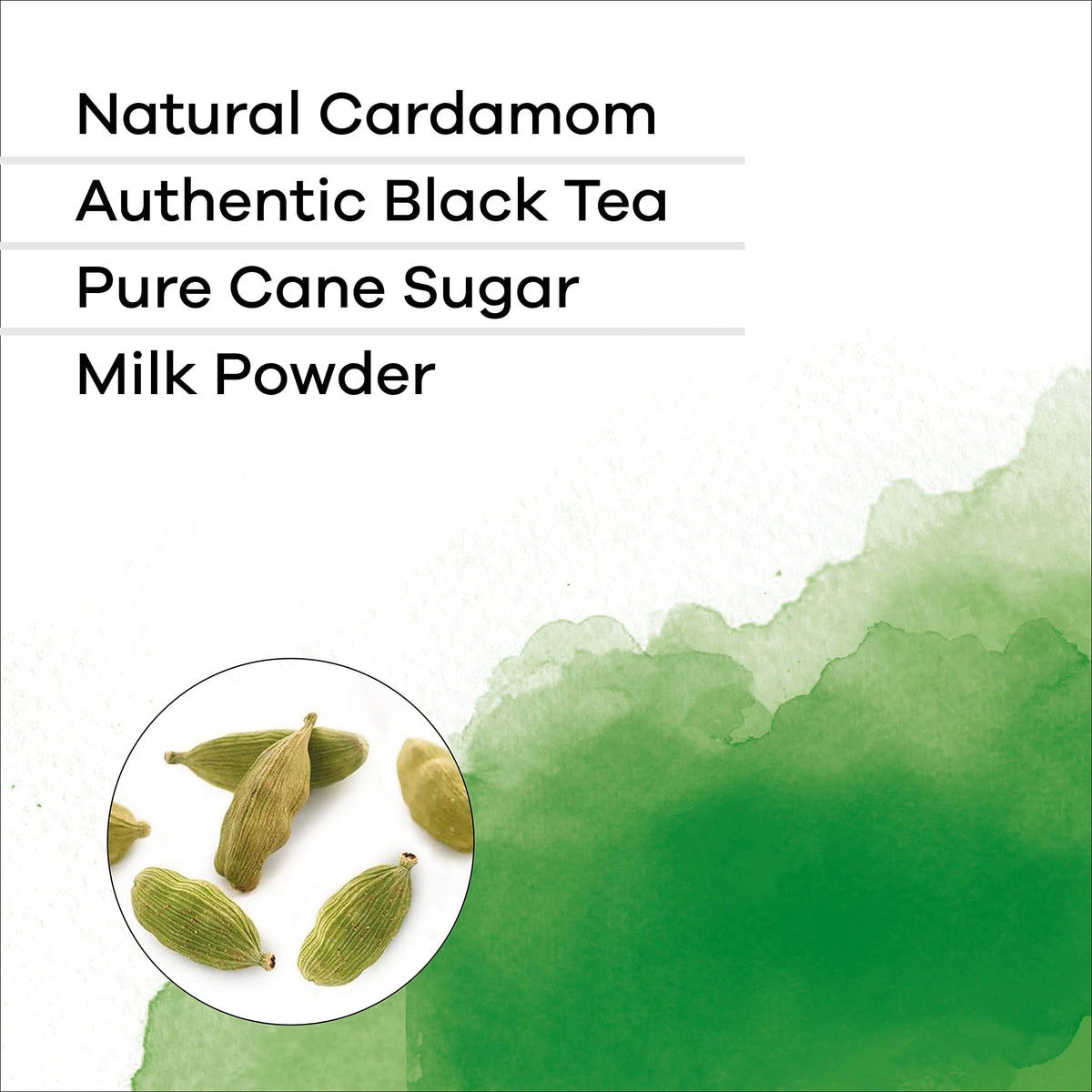 QuikTea Cardamom chai latte sachets arranged for quick brew.