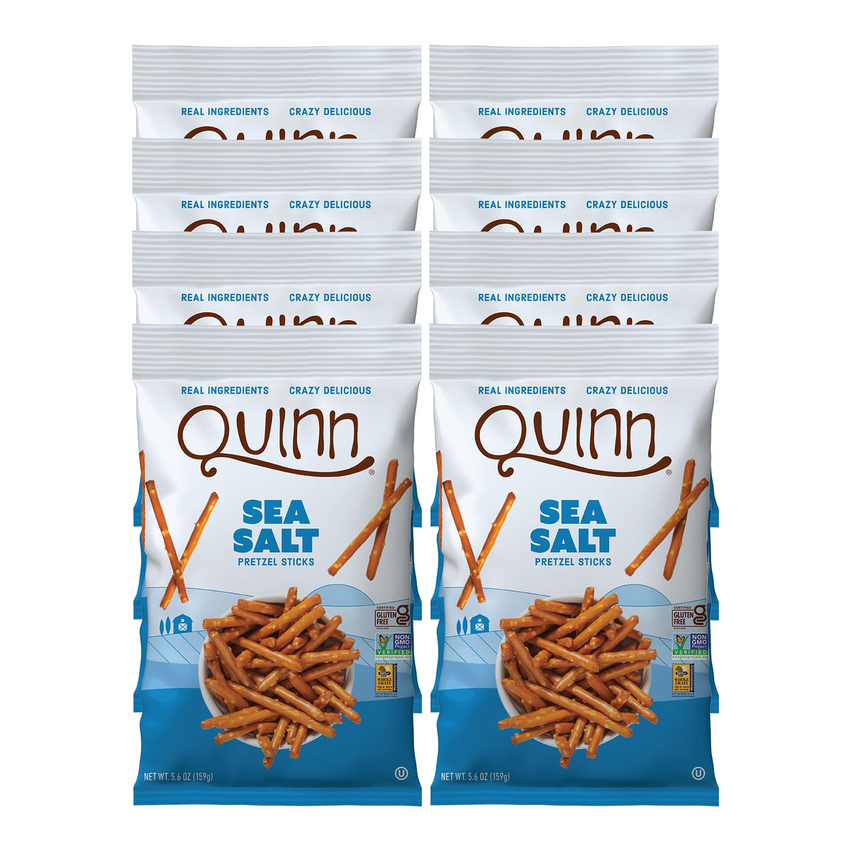 Quinn gluten-free sea salt pretzel sticks pack showing crisp, ready-to-snack form.