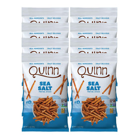 Quinn gluten-free sea salt pretzel sticks pack showing crisp, ready-to-snack form.