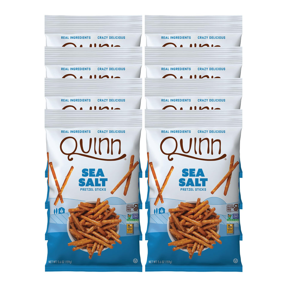 Quinn gluten-free sea salt pretzel sticks pack showing crisp, ready-to-snack form.