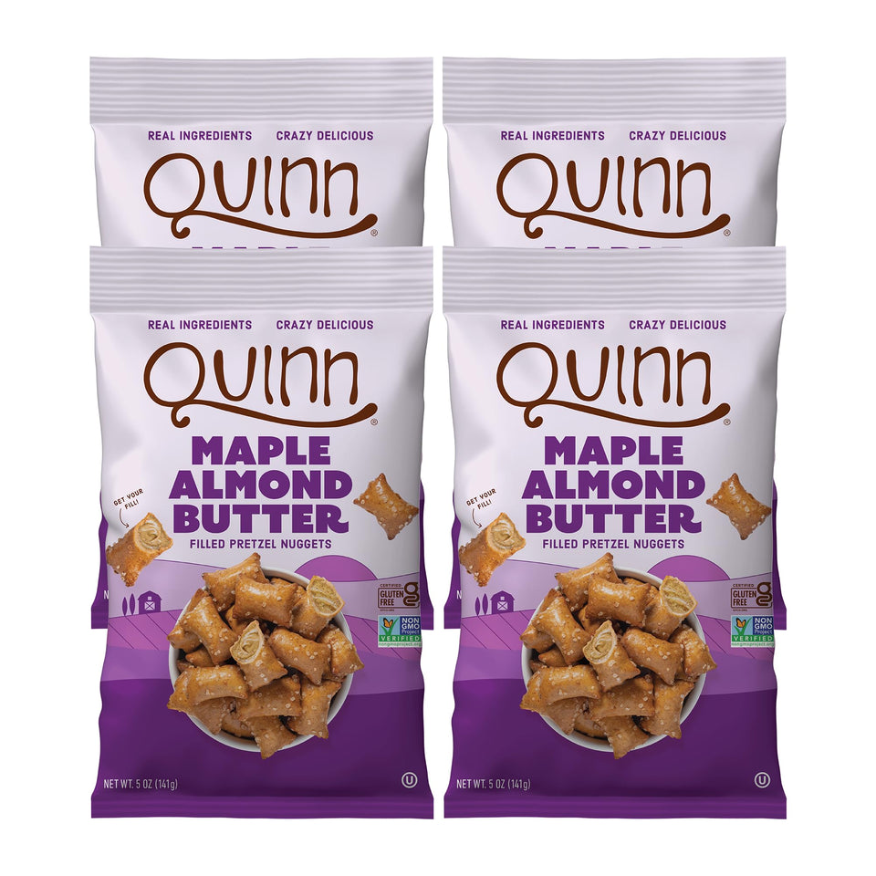 Quinn maple almond butter filled pretzel nuggets packaging showing gluten-free vegan snack option