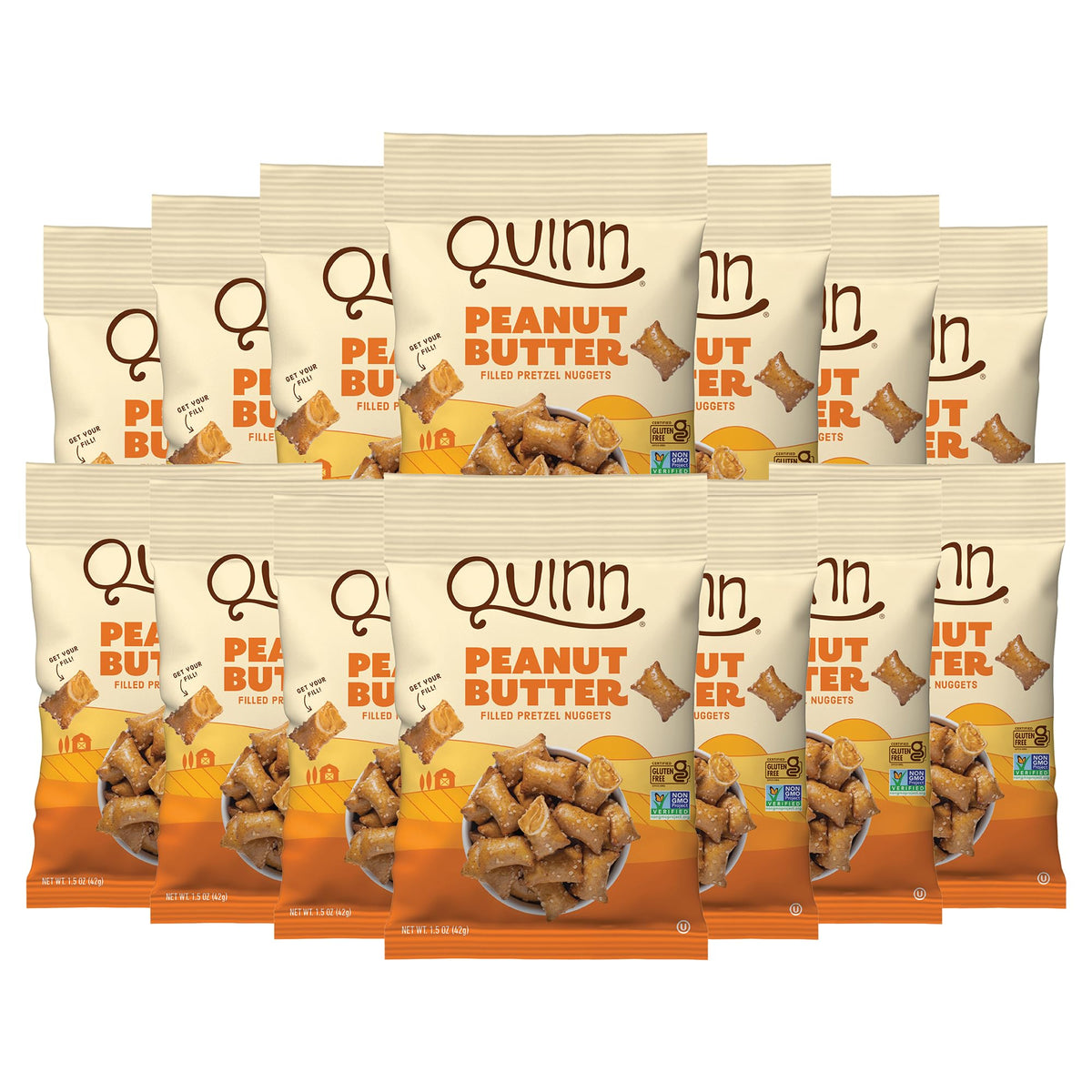 Quinn creamy peanut butter filled pretzel nuggets packaging on shelf for convenient snacking