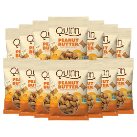 Quinn creamy peanut butter filled pretzel nuggets packaging on shelf for convenient snacking