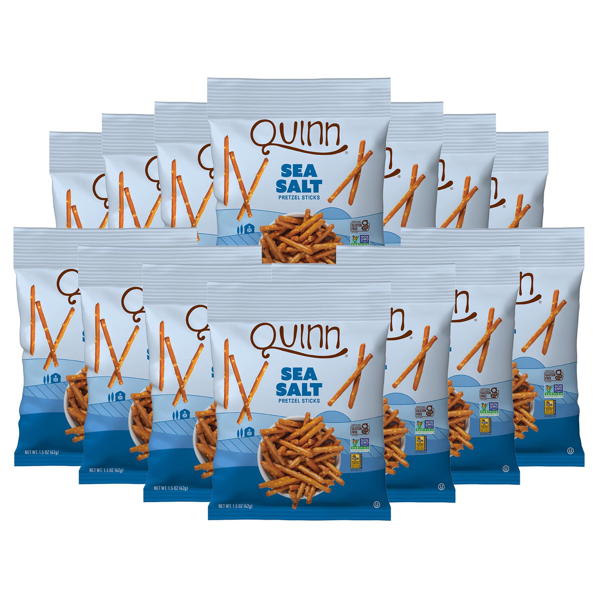 Quinn Sea Salt Pretzel Sticks pack shows a crisp, gluten-free snack option for on-the-go