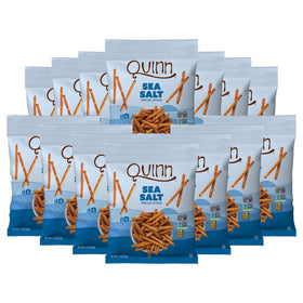 Quinn Sea Salt Pretzel Sticks pack shows a crisp, gluten-free snack option for on-the-go