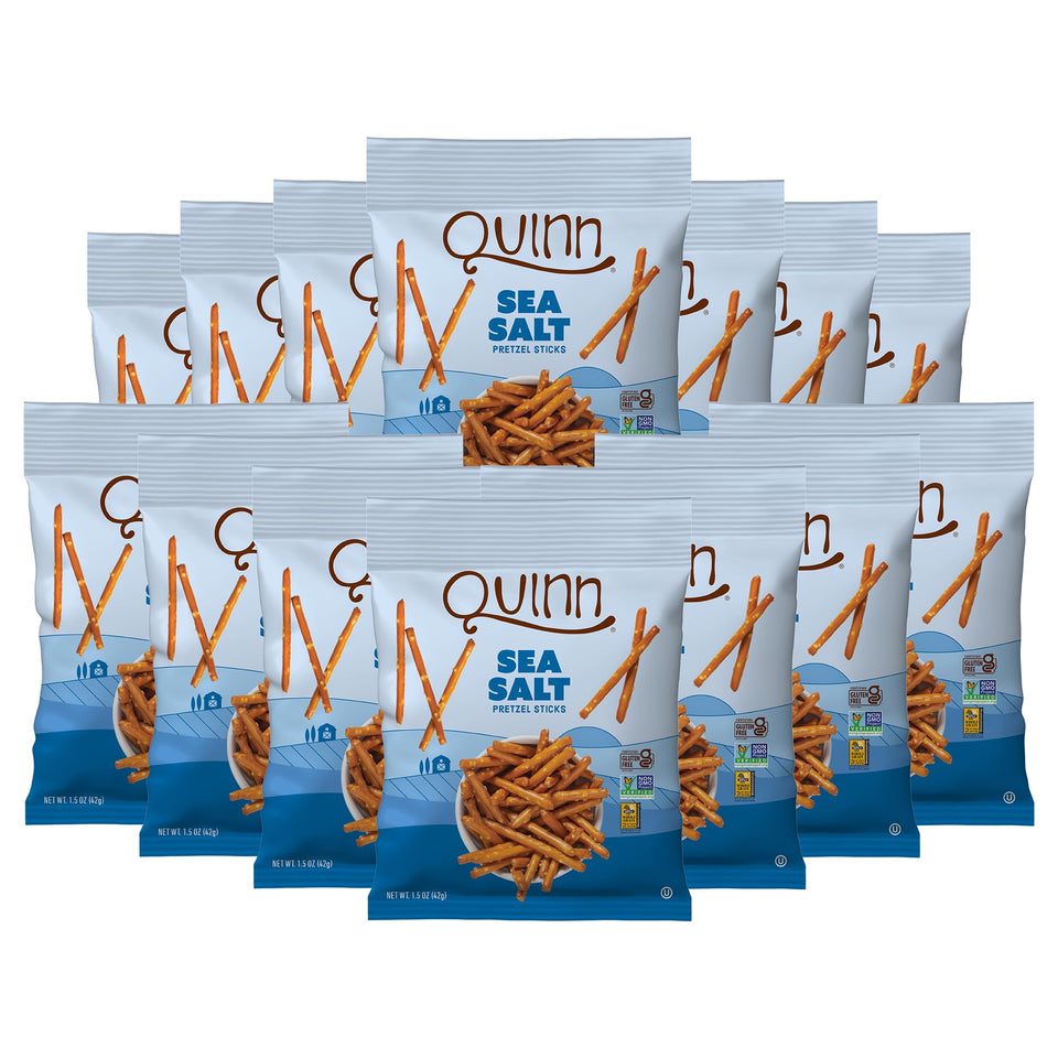 Quinn Sea Salt Pretzel Sticks pack shows a crisp, gluten-free snack option for on-the-go