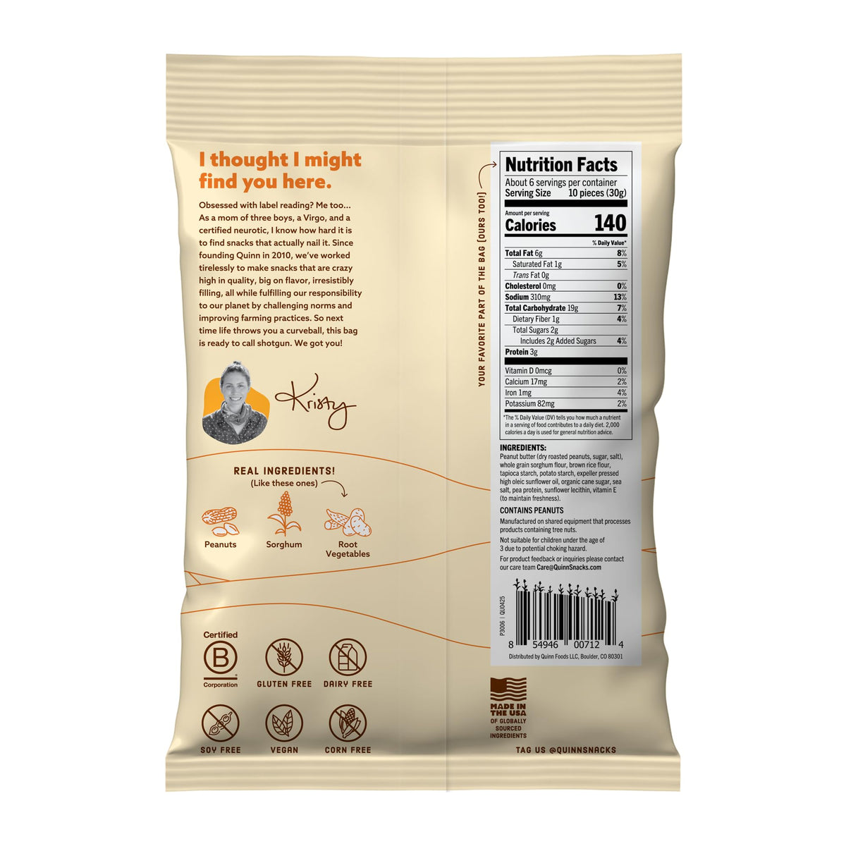 Quinn peanut butter filled pretzel sticks highlight gluten-free, dairy-free appeal.