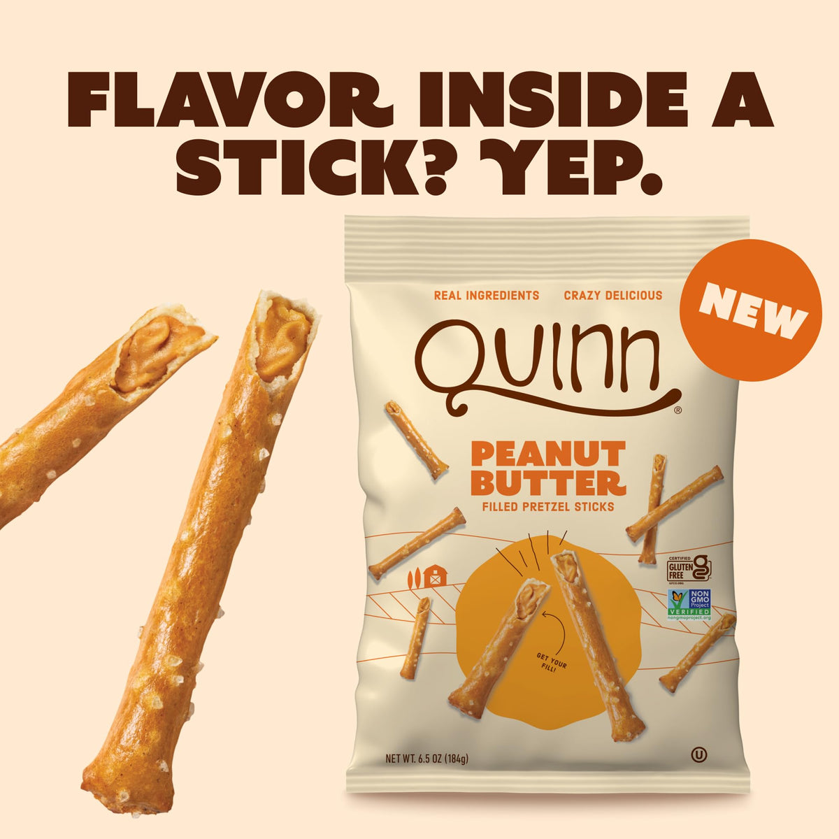 Quinn peanut butter filled pretzel sticks deliver a salty, crunchy, satisfying bite.