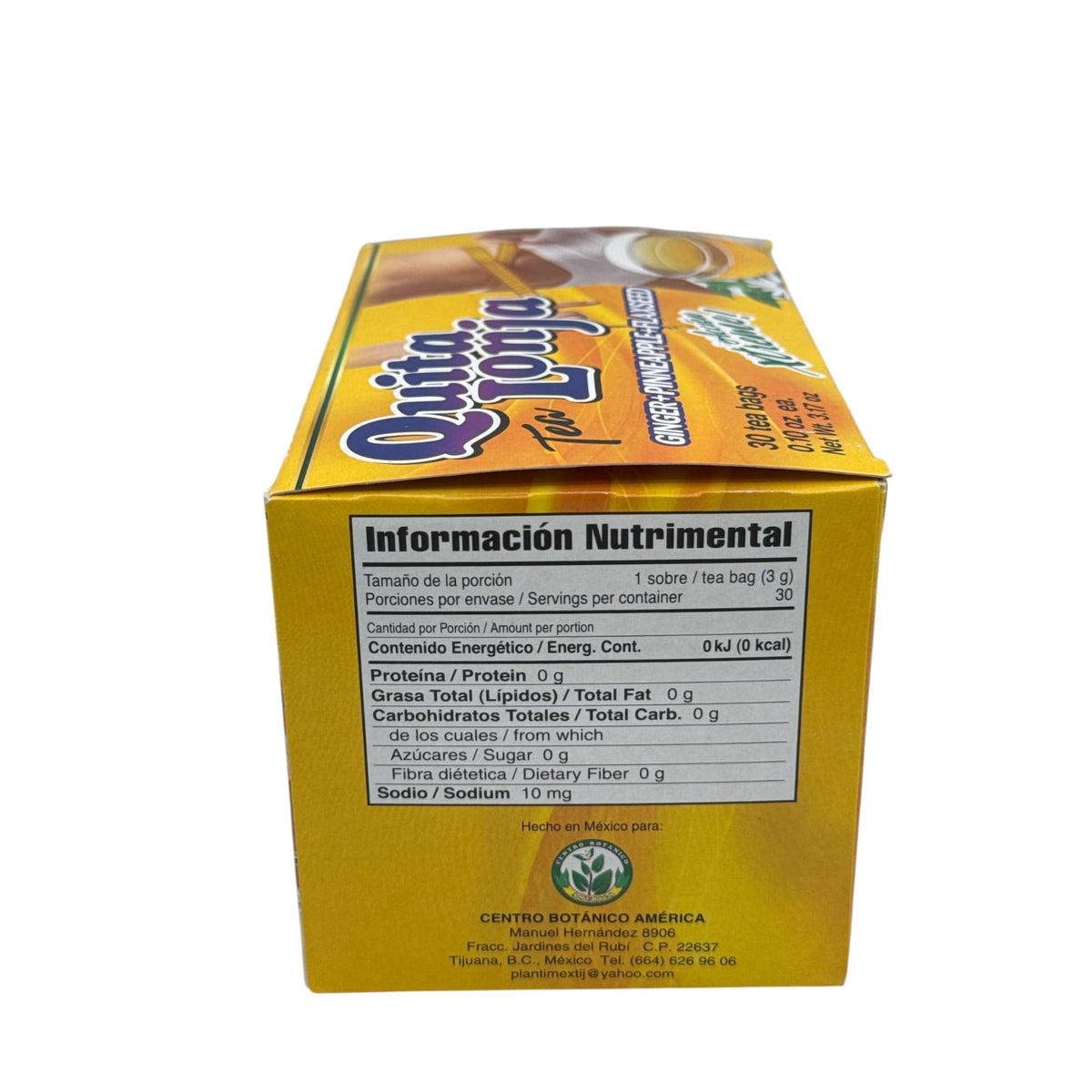 QUITA LONJA ingredients highlight ginger, pineapple, and flaxseed for a plant-based tea blend.