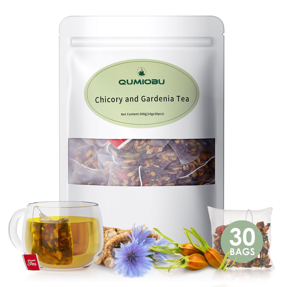 QUMIOBU Chicory and Gardenia Tea bags beside a cup for a calming evening ritual.