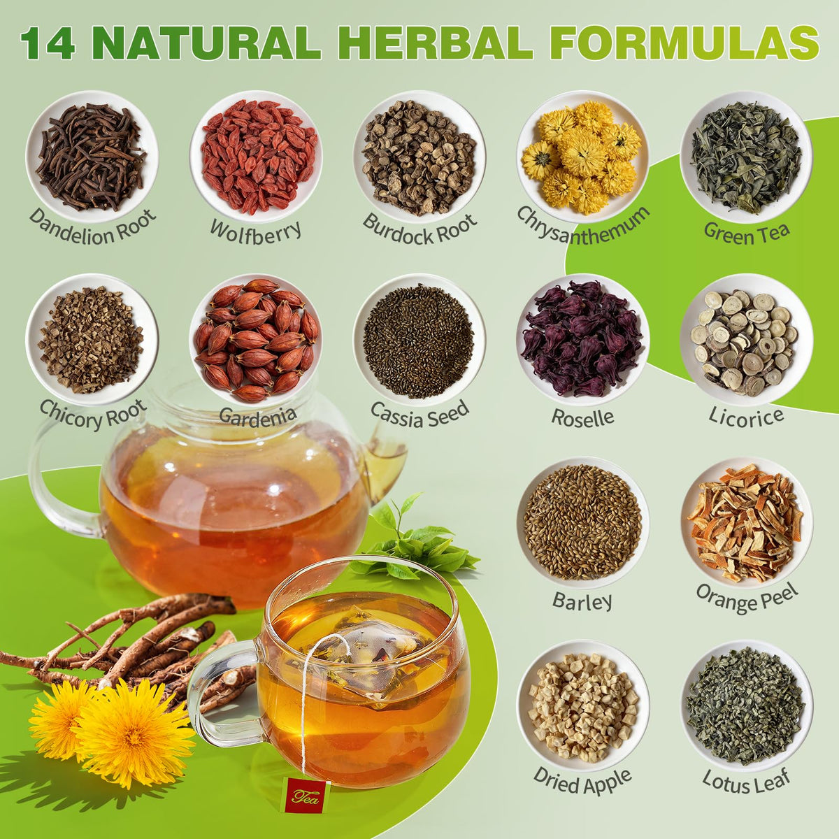 QUMIOBU Dandelion Tea bag in cup highlighting convenient, flavorful daily preparation.