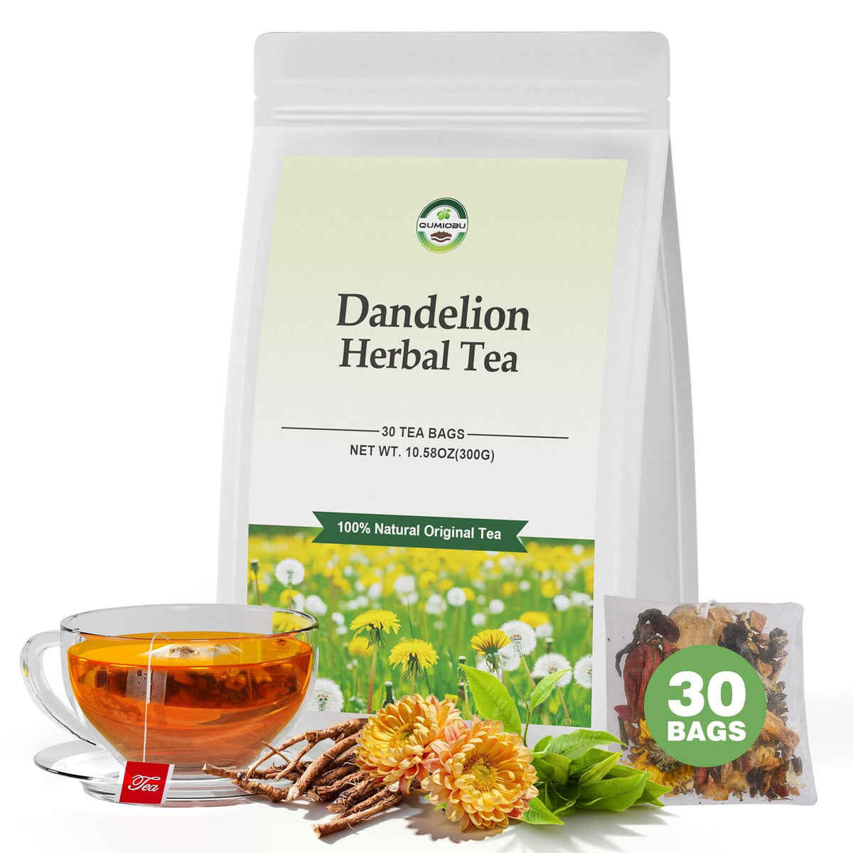 QUMIOBU Dandelion Tea cup pour showing a soothing, aromatic brew for daily use.