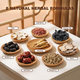 QUMIOBU eight treasure blend ingredients—ginseng, red date, goji—promotes comforting ritual