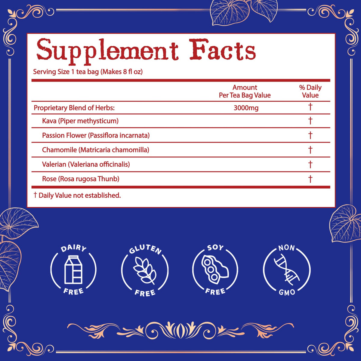 Quyetmonteas Kava Kava gluten-free label confirming safe everyday use.