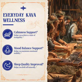 Quyetmonteas Kava Kava tea bags label close-up showing ingredients and caffeine-free claim.