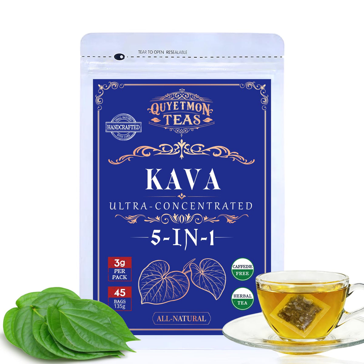 Quyetmonteas Kava Kava tea bags packaging front, highlighting natural, gluten-free calming blend.