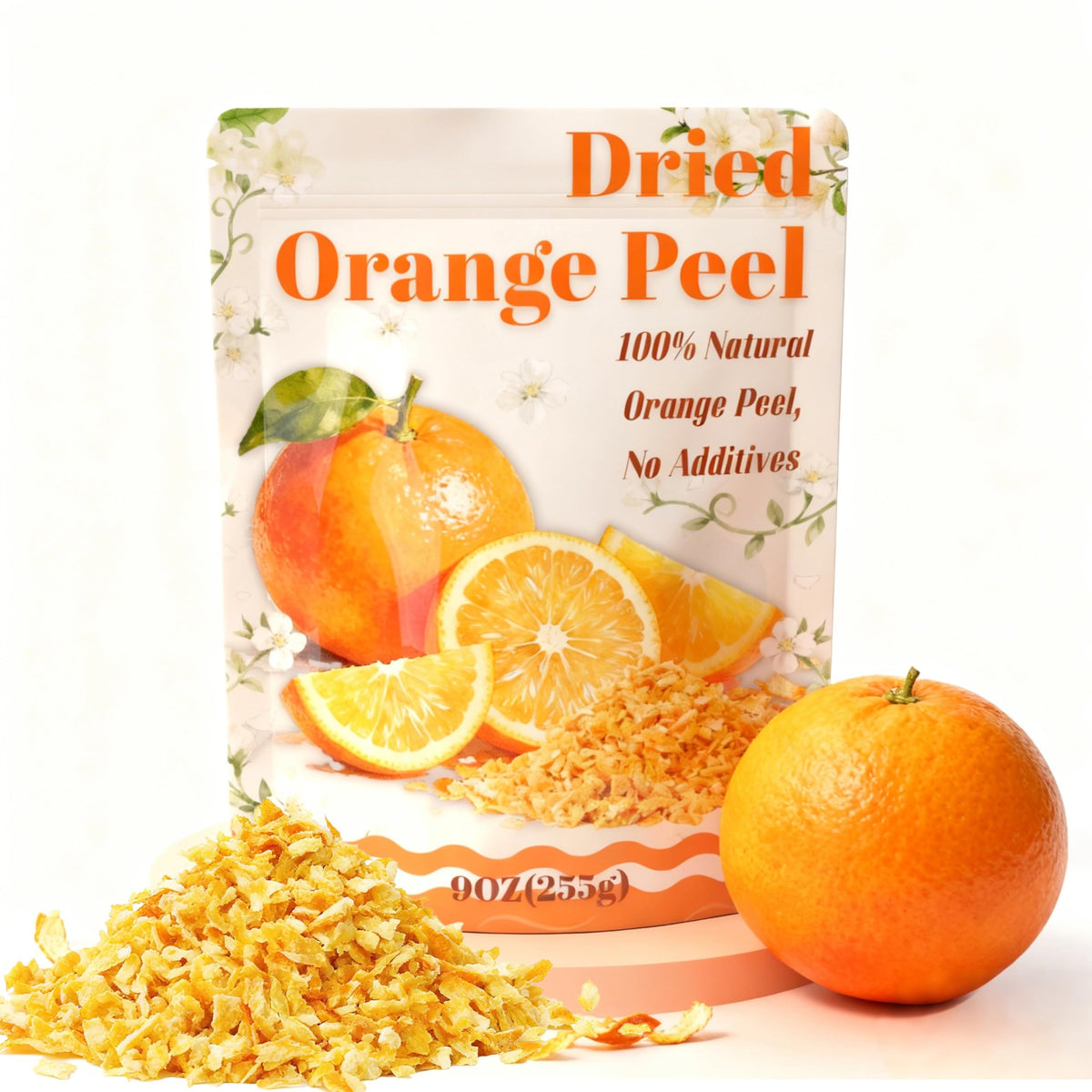 Quzeyr 9oz dried orange peel zest package, bursting with citrus aroma for baking.