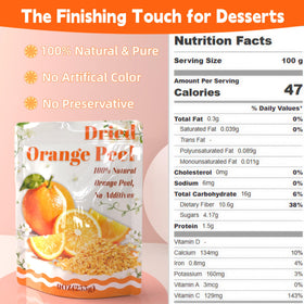 Quzeyr orange peel zest granules, close-up, a convenient substitute for fresh zest.