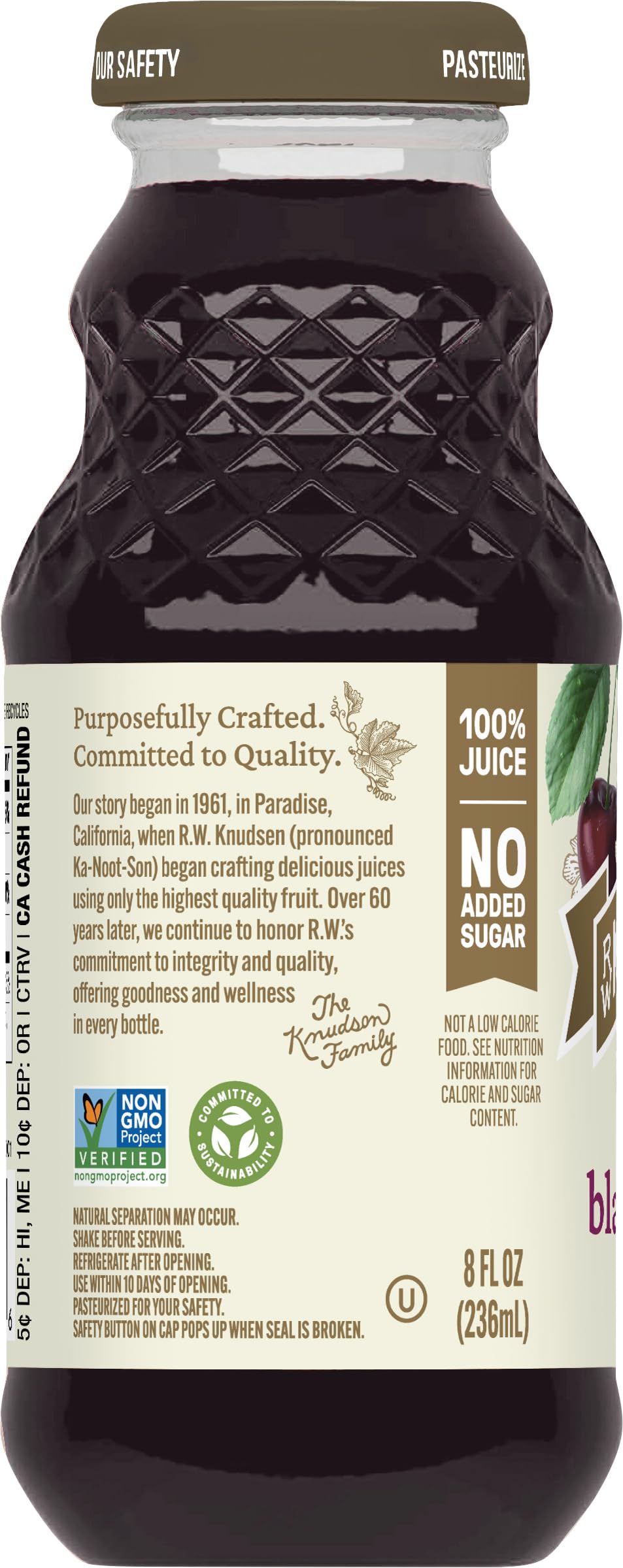 R.W. Knudsen Just Black Cherry Juice twelve-pack display for easy family sharing.