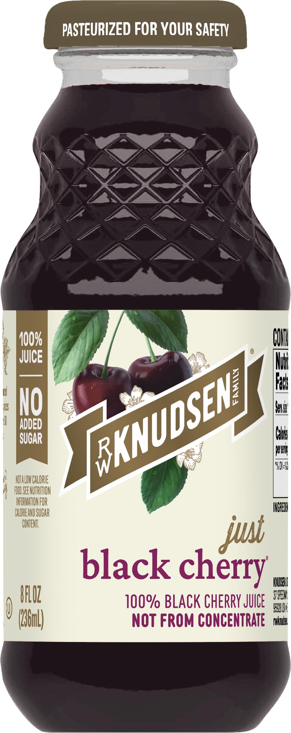 R.W. Knudsen Just Black Cherry Juice bottle, premium flavor for sipping or smoothies.