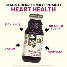 R.W. Knudsen Just Black Cherry Juice poured over ice for a refreshing drink.