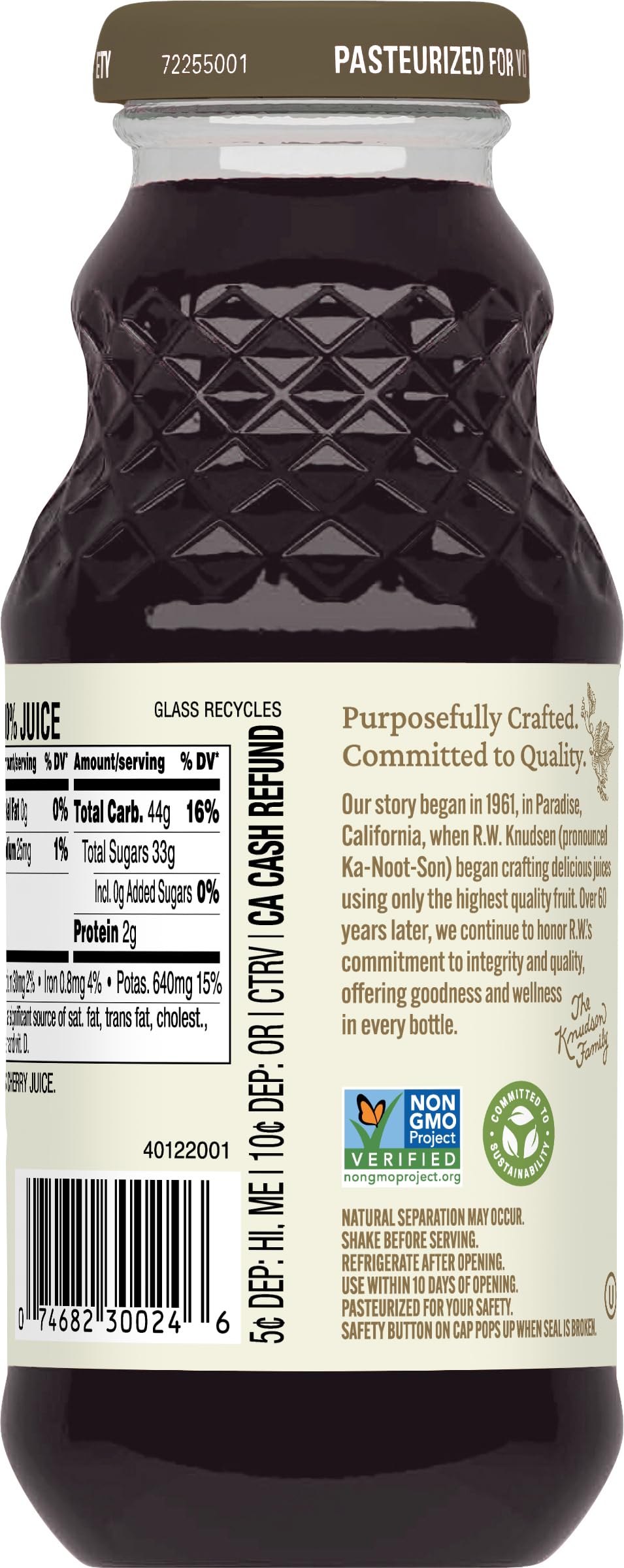 Ingredients label on R.W. Knudsen Just Black Cherry Juice shows organic and Non-GMO status.