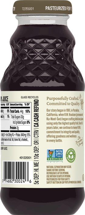 Ingredients label on R.W. Knudsen Just Black Cherry Juice shows organic and Non-GMO status.