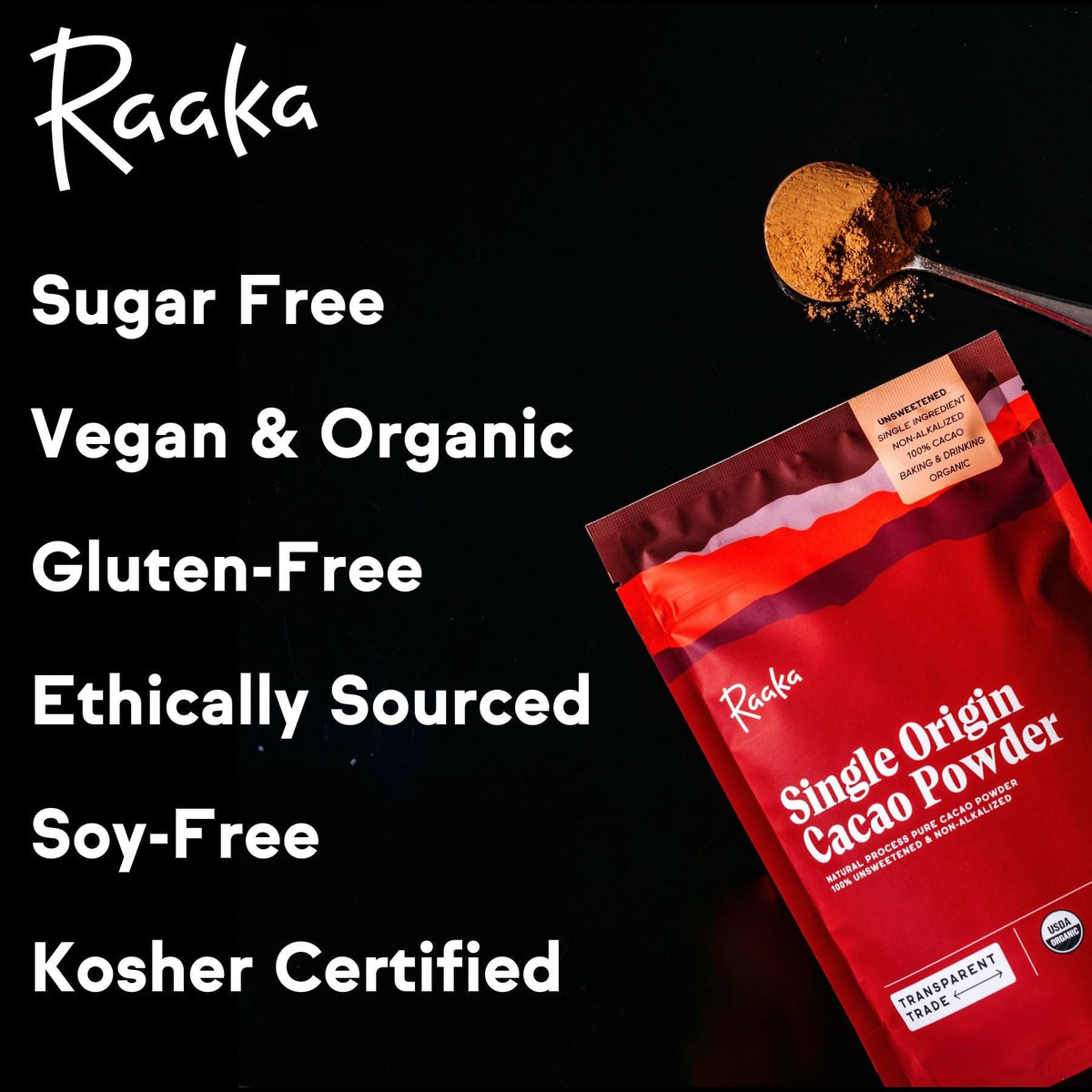 Raaka powder container with allergen-free and dairy-free facility icons.
