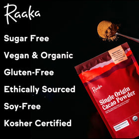 Raaka powder container with allergen-free and dairy-free facility icons.