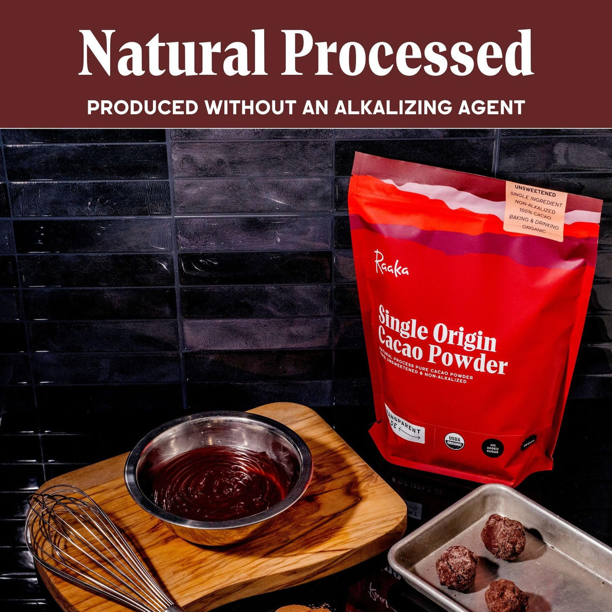Raaka cacao powder from Semuliki Forest, Uganda origin on label.